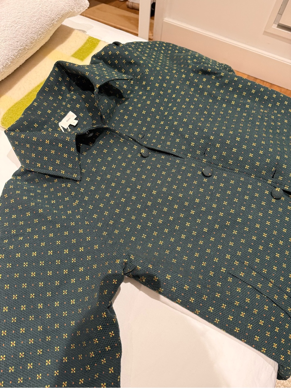 DONNI. Dark Green Daisy Coat with Yellow and Orange Accent Dots - Picture 4 of 11